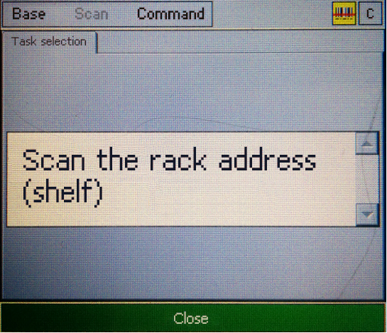 Scan the shelf/rack/row bar code, which tells e-Trade which cell
						to look up for the scanned goods
					