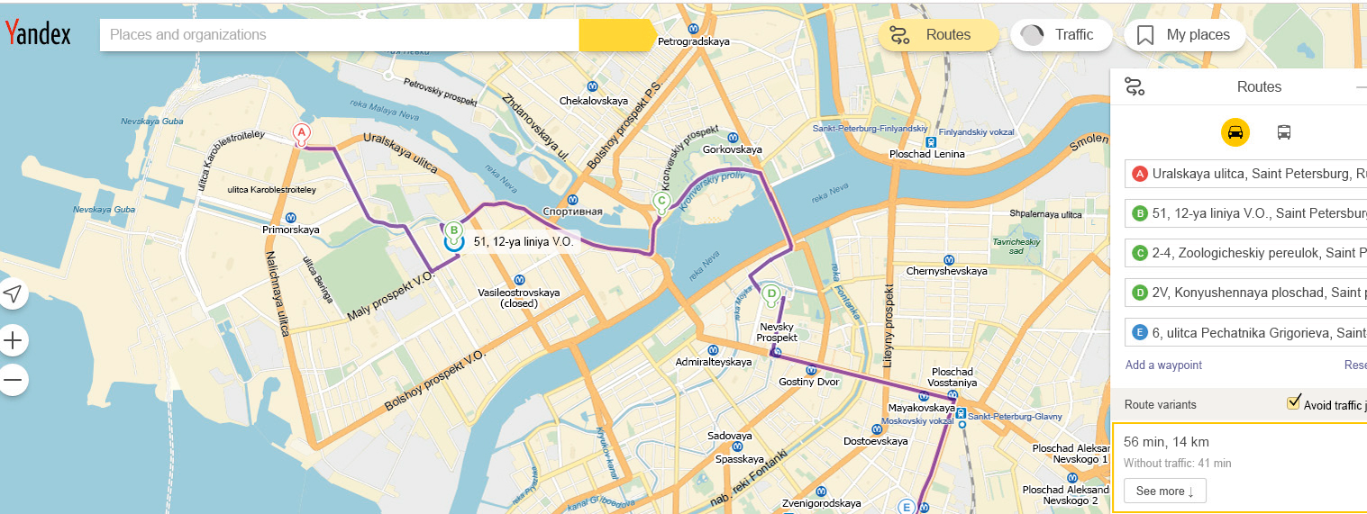 Ultimate interface also allows checking the route
					on Yandex maps
				